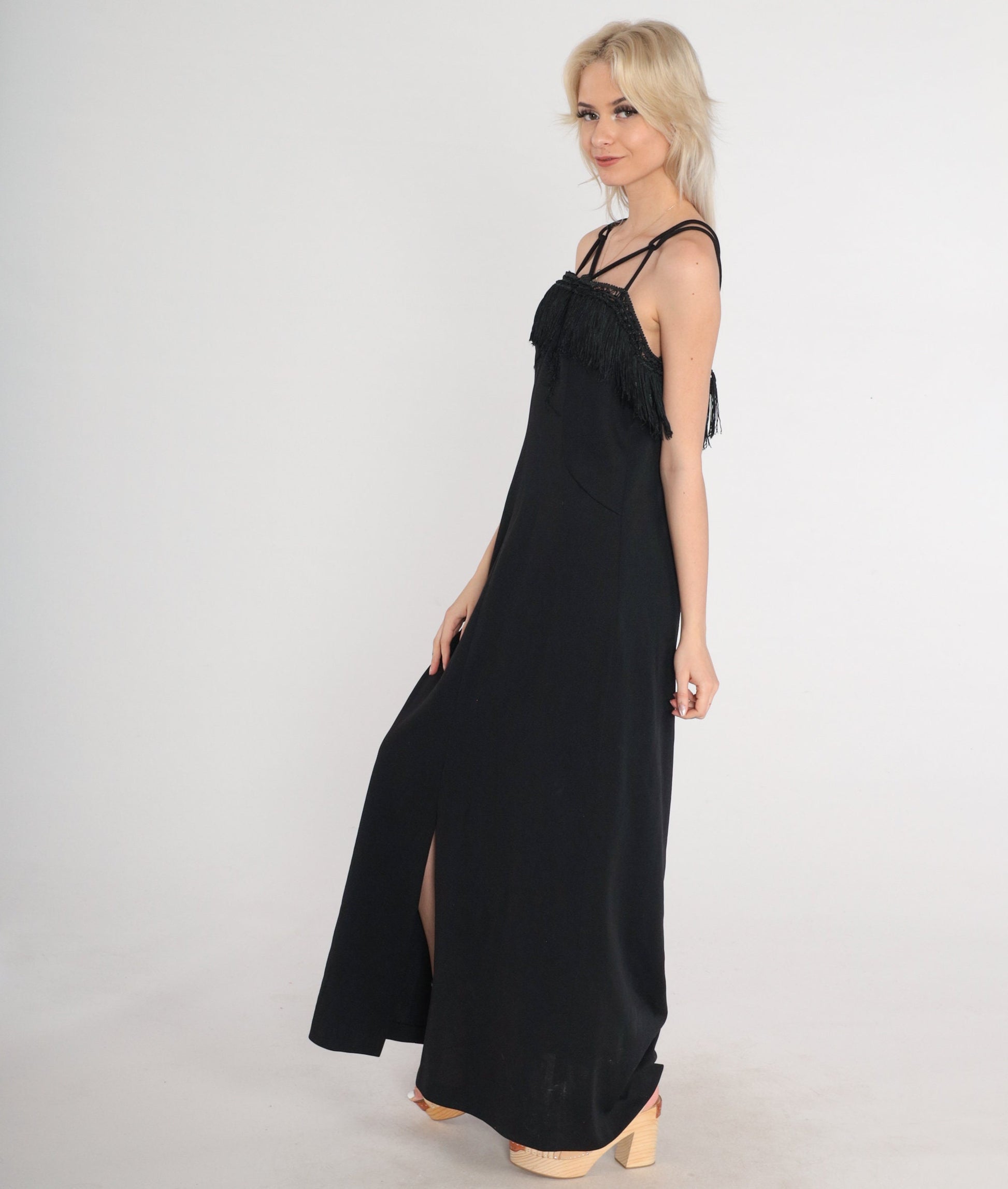 70s Black Fringe Maxi Dress Criss Cross Straps Crochet Lace Medium