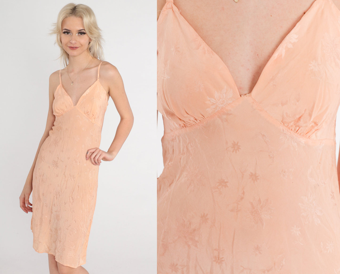 40s Silk Slip Dress Peach Floral Embossed Empire Waist Spaghetti Strap Mini XS