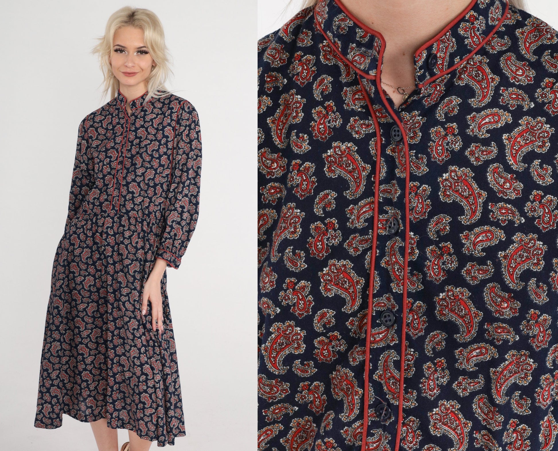 70s Navy Paisley Midi Dress Button-Up Long Sleeve High Waist Small
