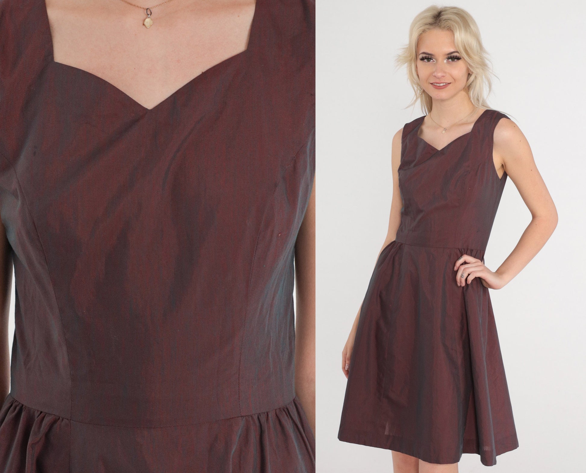 60s Iridescent Purple Mini Dress Sweetheart Neckline Pleated Sleeveless XS