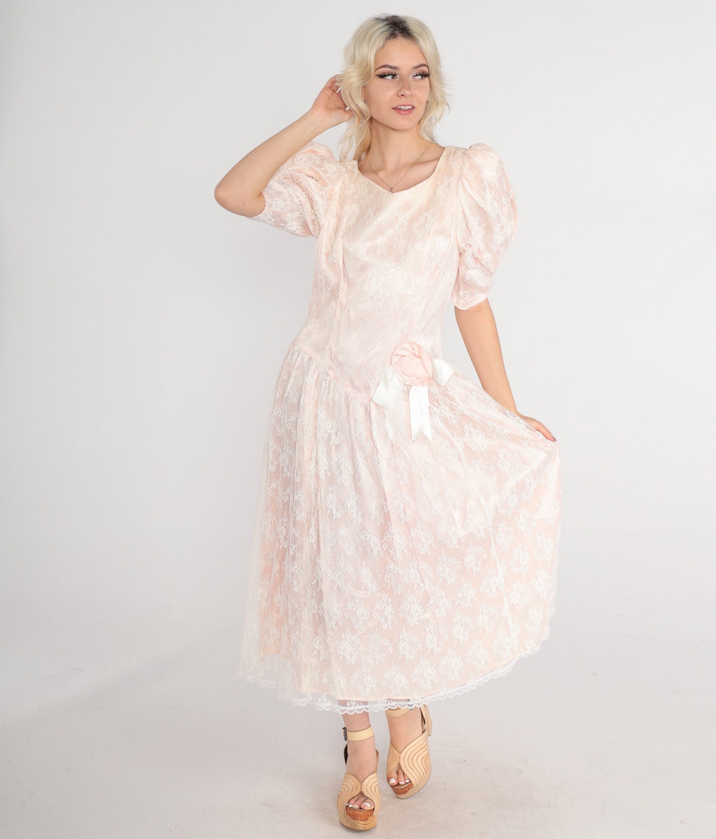 80s Gunne Sax Midi Dress Pink Lace Puff Sleeve Basque Waist Medium