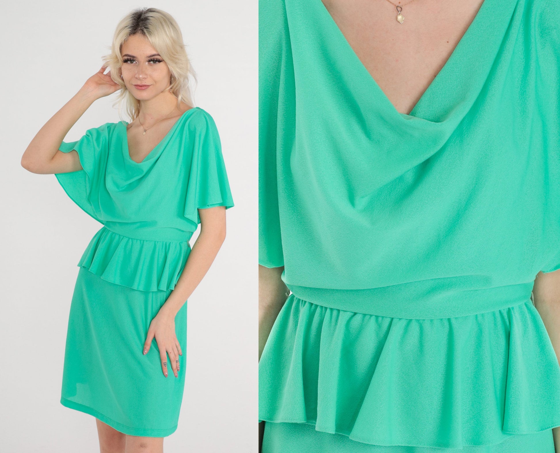 70s Green Flutter Sleeve Dress Cowl Neck Peplum Mini Small