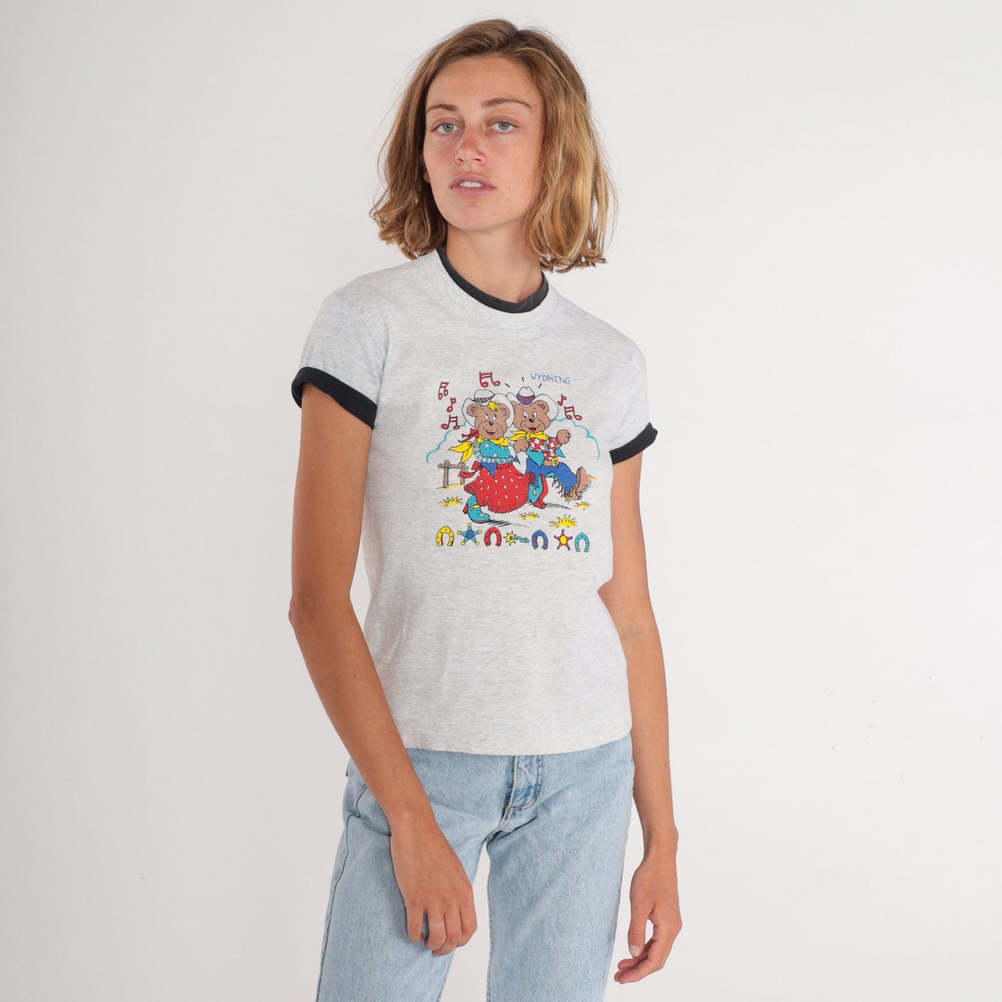 90s Wyoming Cowboy Teddy Bear Graphic T-Shirt Heather Grey Cuffed Sleeve XXS