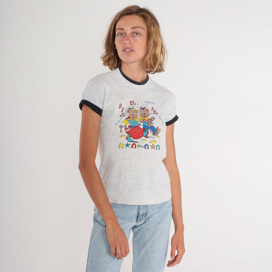 90s Wyoming Cowboy Teddy Bear Graphic T-Shirt Heather Grey Cuffed Sleeve XXS