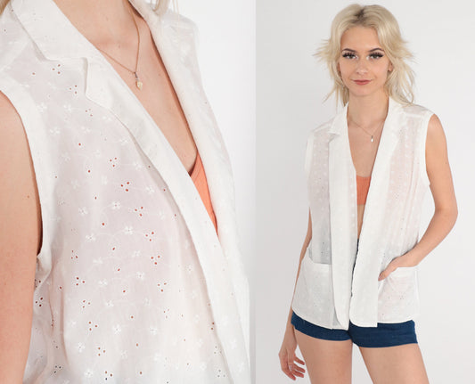 70s White Eyelet Open Front Vest Top Sleeveless Floral Cutout Pockets