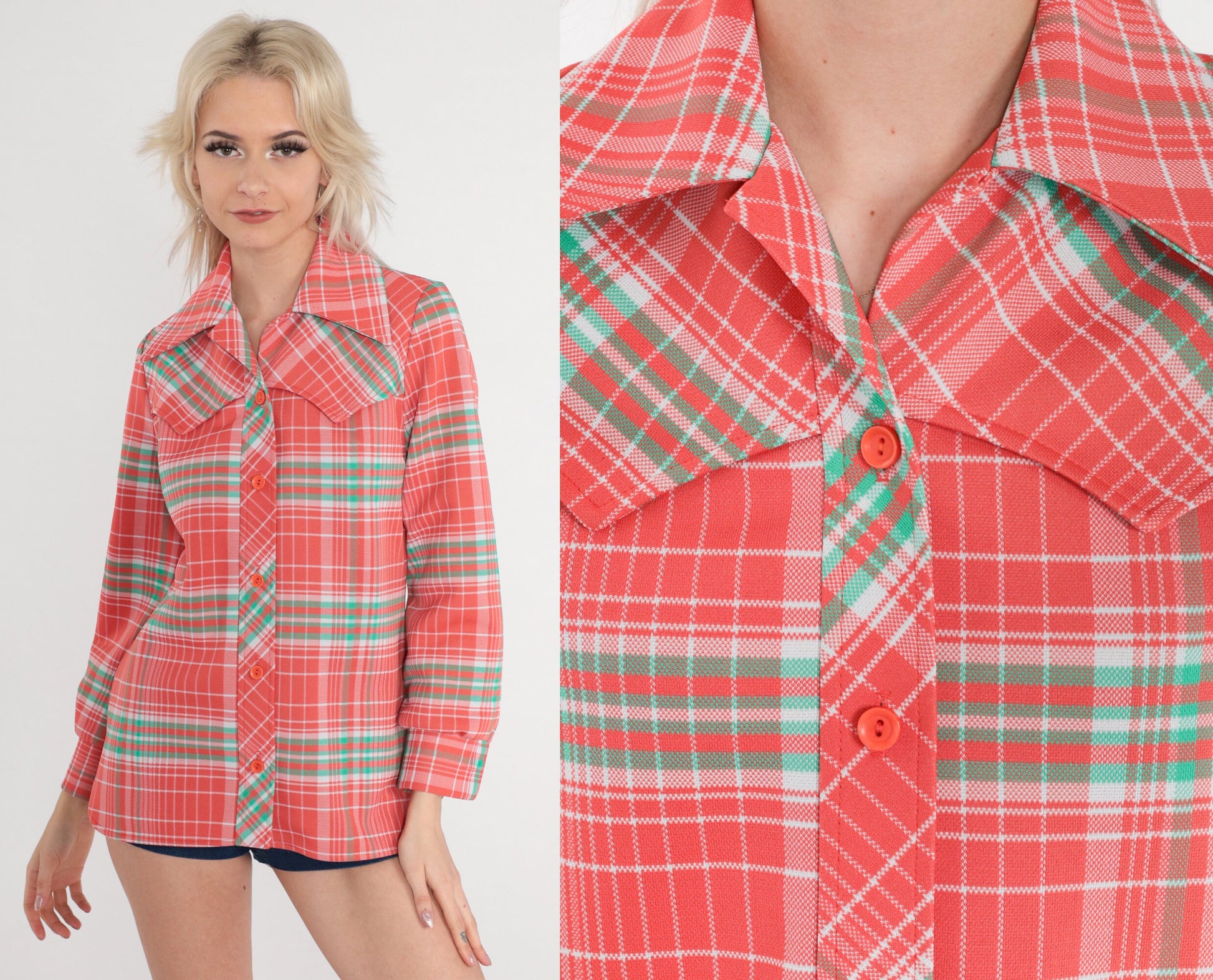 70s Salmon Pink Plaid Western Button-Up Blouse Long Sleeve Small
