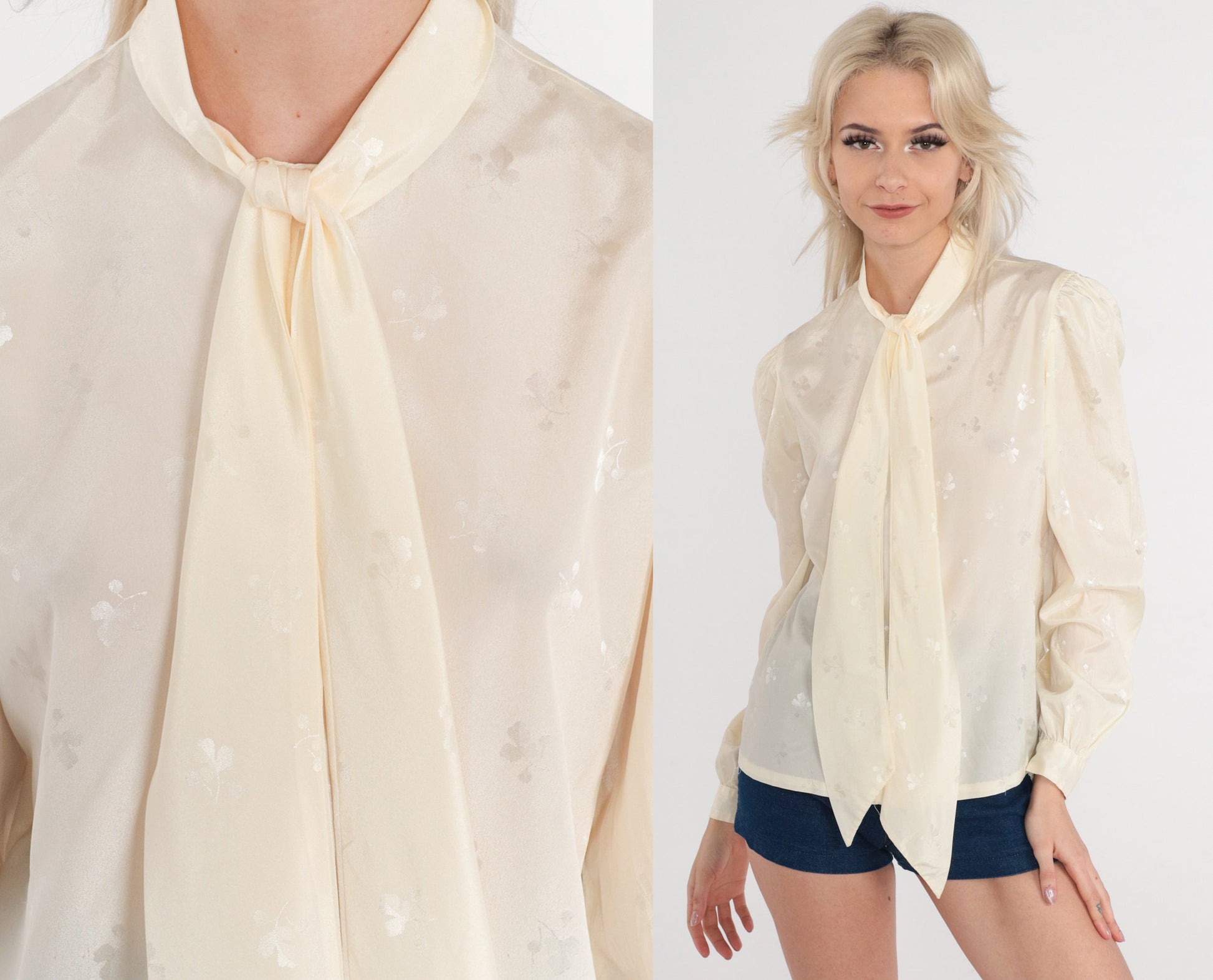 70s Cream Embossed Floral Blouse Ascot Bow Puff Sleeve Button Up Small