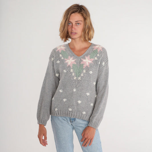 90s Grey Floral V-Neck Knit Sweater Pink Flower Pullover Large