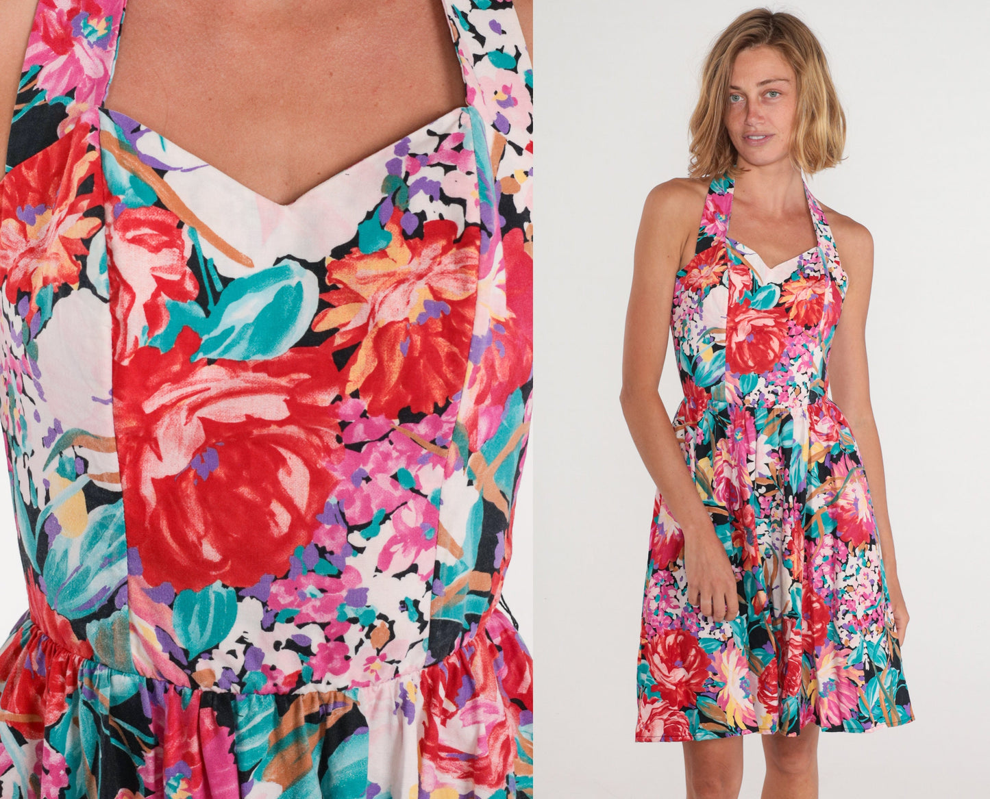 80s Floral Halter Mini Dress Sweetheart Neckline High Waist Full Skirt Extra Small