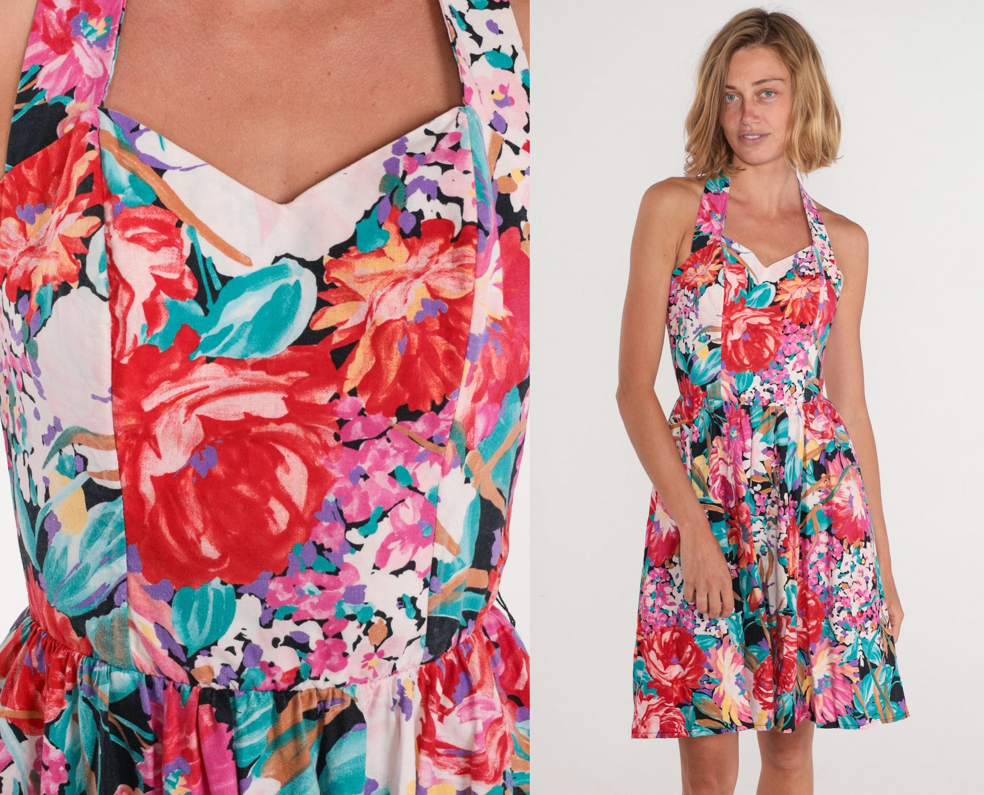 80s Floral Halter Mini Dress Sweetheart Neckline High Waist Full Skirt Extra Small