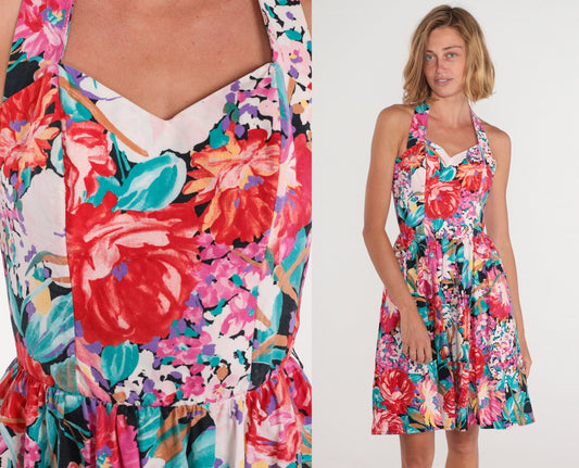80s Floral Halter Mini Dress Sweetheart Neckline High Waist Full Skirt Extra Small