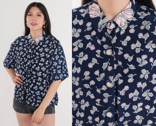 90s Navy Floral Button-Up Blouse Short Sleeve Collared Shirt Large L