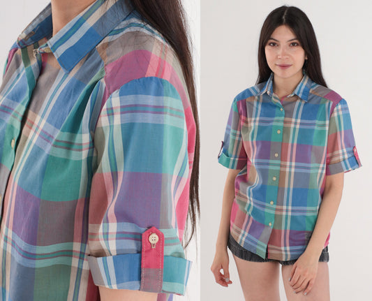 80s Russ Checkered Button-Up Blouse Green Blue Pink Plaid Medium