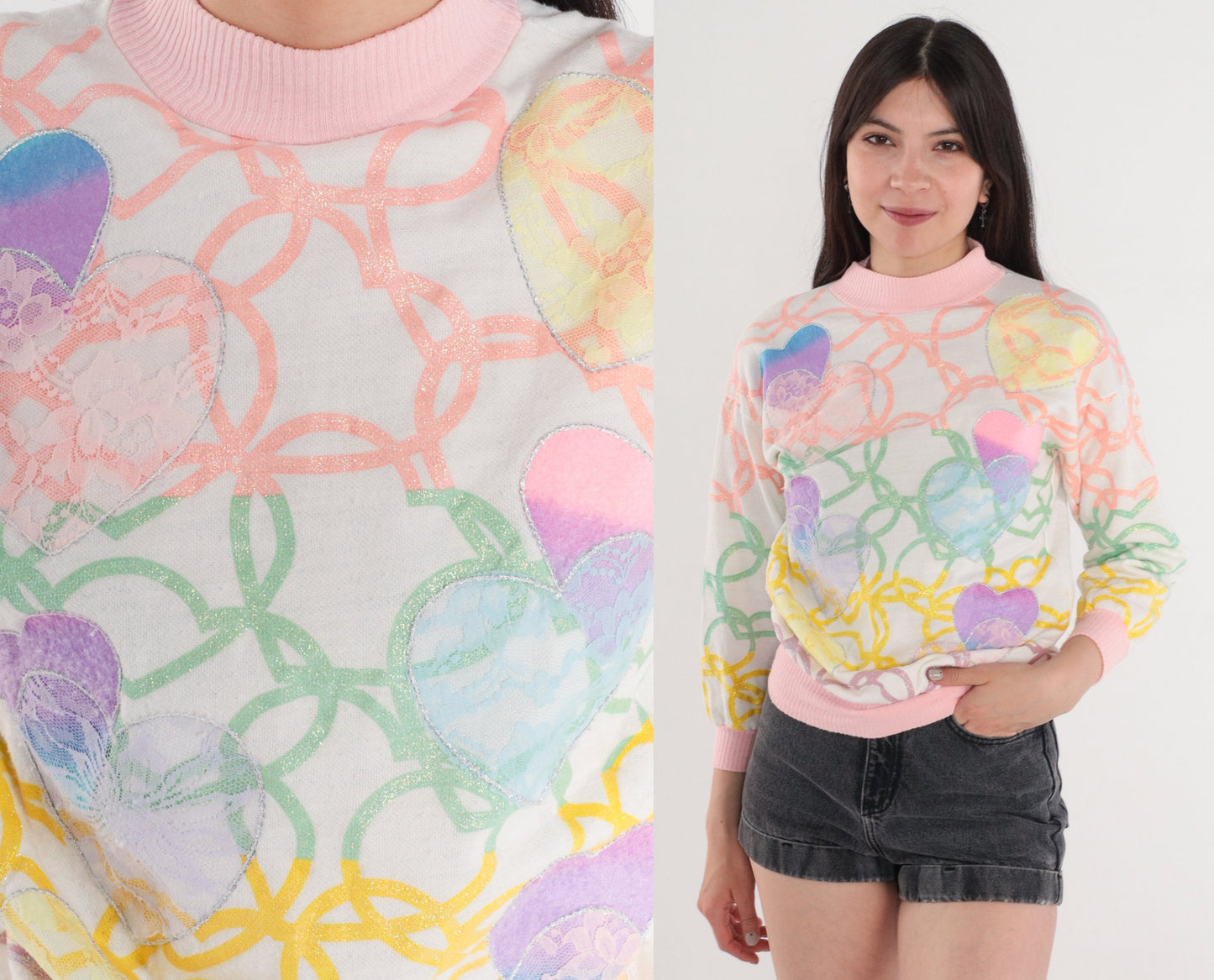 90s Glitter Heart Mock Neck Sweatshirt Floral Lace Patch White Pink Yellow Extra Small
