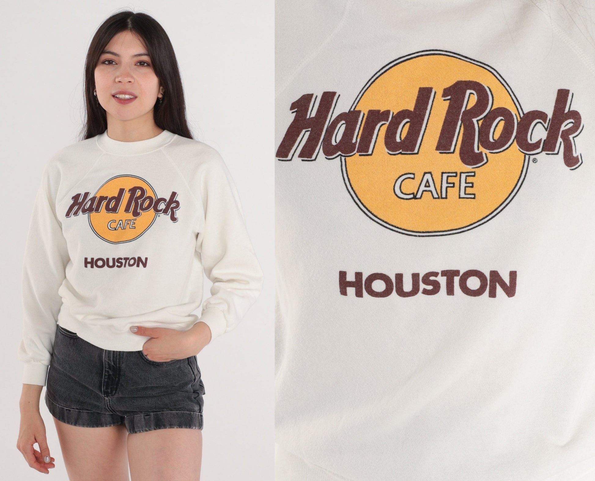 90s Hard Rock Cafe Houston Raglan Sweatshirt White Graphic Pullover Small