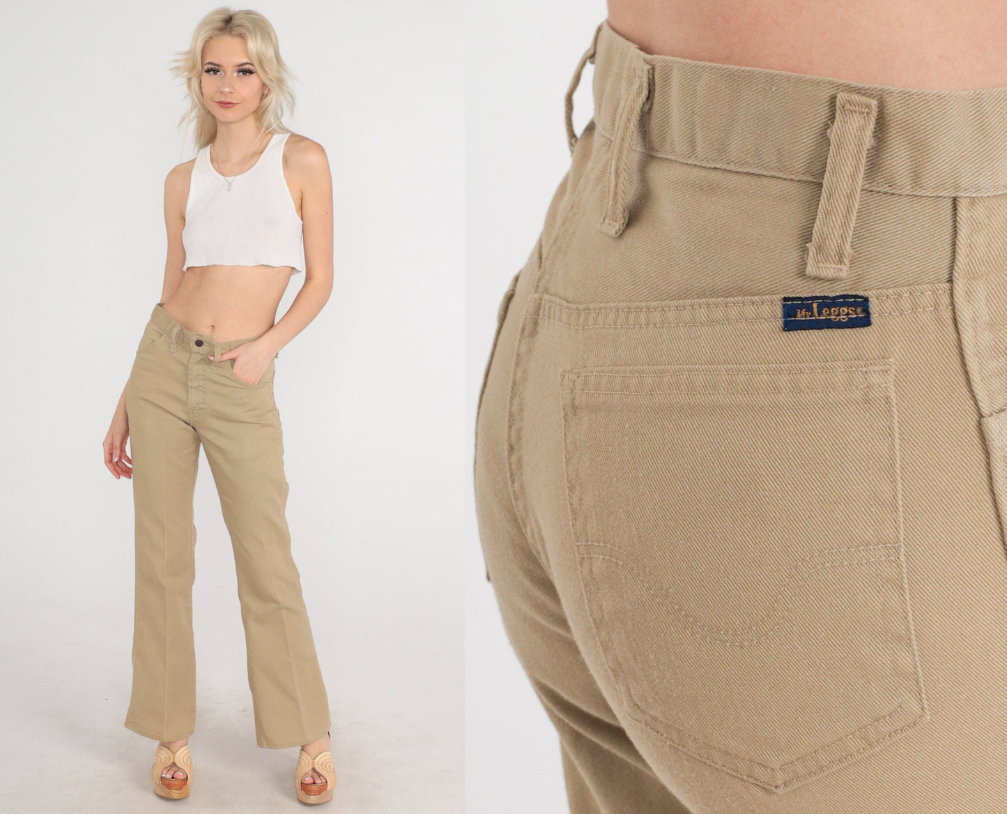 70s Mr. Leggs Khaki Flared Trousers Mid Rise Bell Bottoms Small