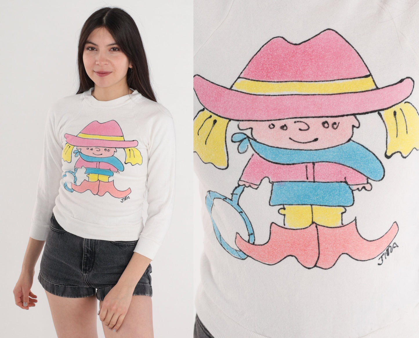 90s Jerzees Cowgirl Cartoon Graphic Sweatshirt White Raglan XXS