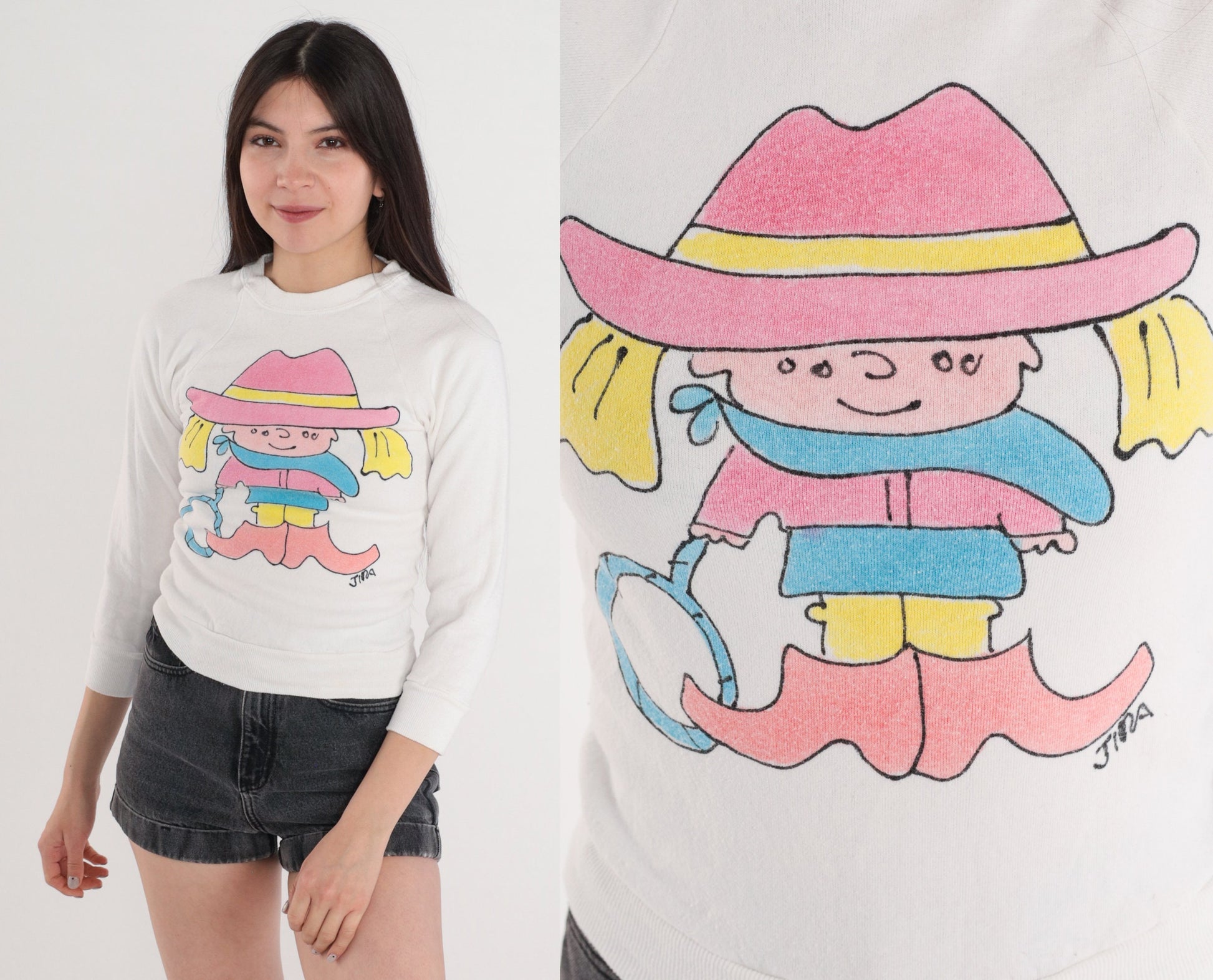 90s Jerzees Cowgirl Cartoon Graphic Sweatshirt White Raglan XXS