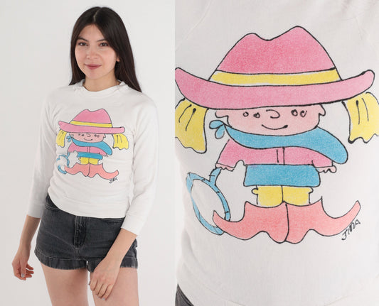 90s Jerzees Cowgirl Cartoon Graphic Sweatshirt White Raglan XXS