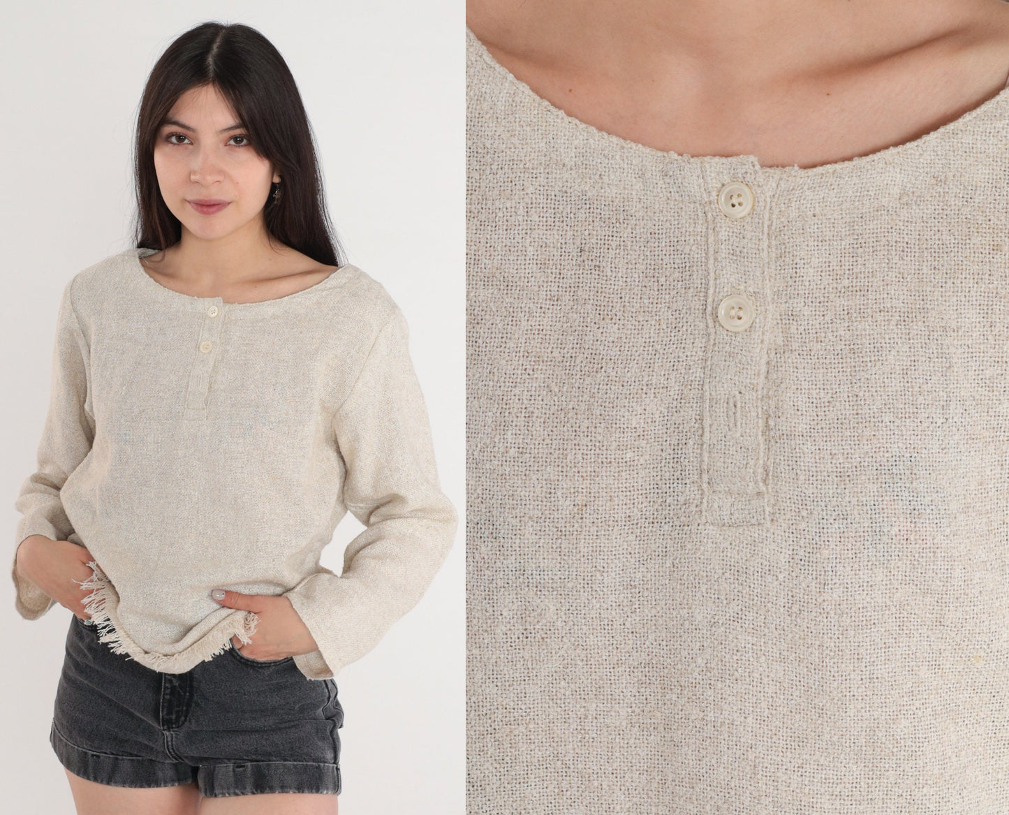 90s Jones New York Oatmeal Woven Henley Fringe Blouse Medium M