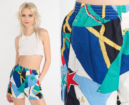 80s Nautical Abstract Print Shorts High Waist Elastic Cotton Blue Green XS