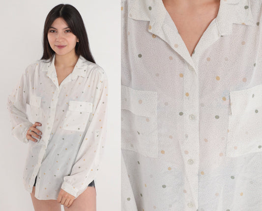 80s Polka Dot Button-Up Blouse White Semi-Sheer Long Sleeve Collared Shirt Extra Large XL