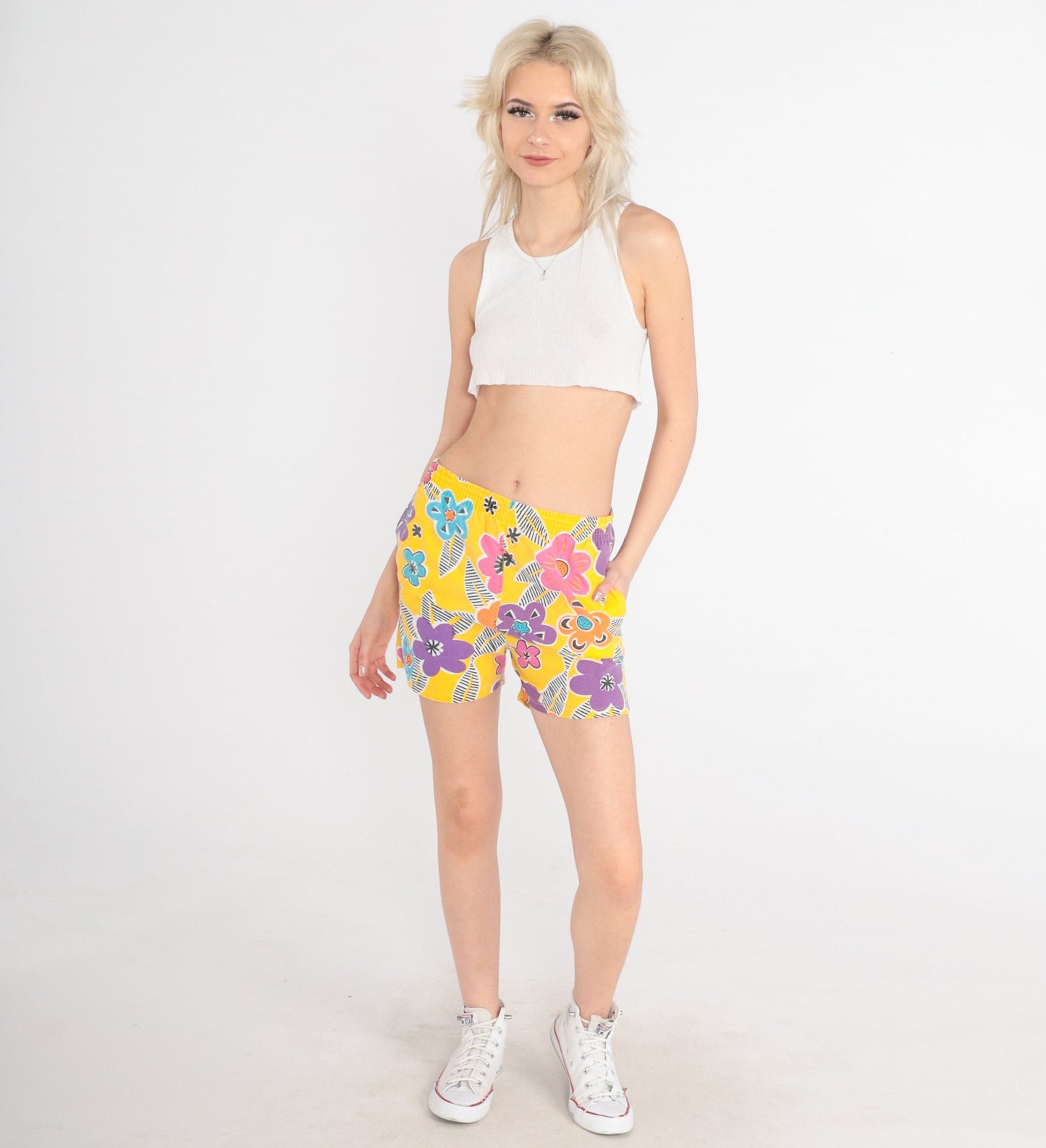90s Yellow Floral Print Shorts High Waist Drawstring Beach Small S