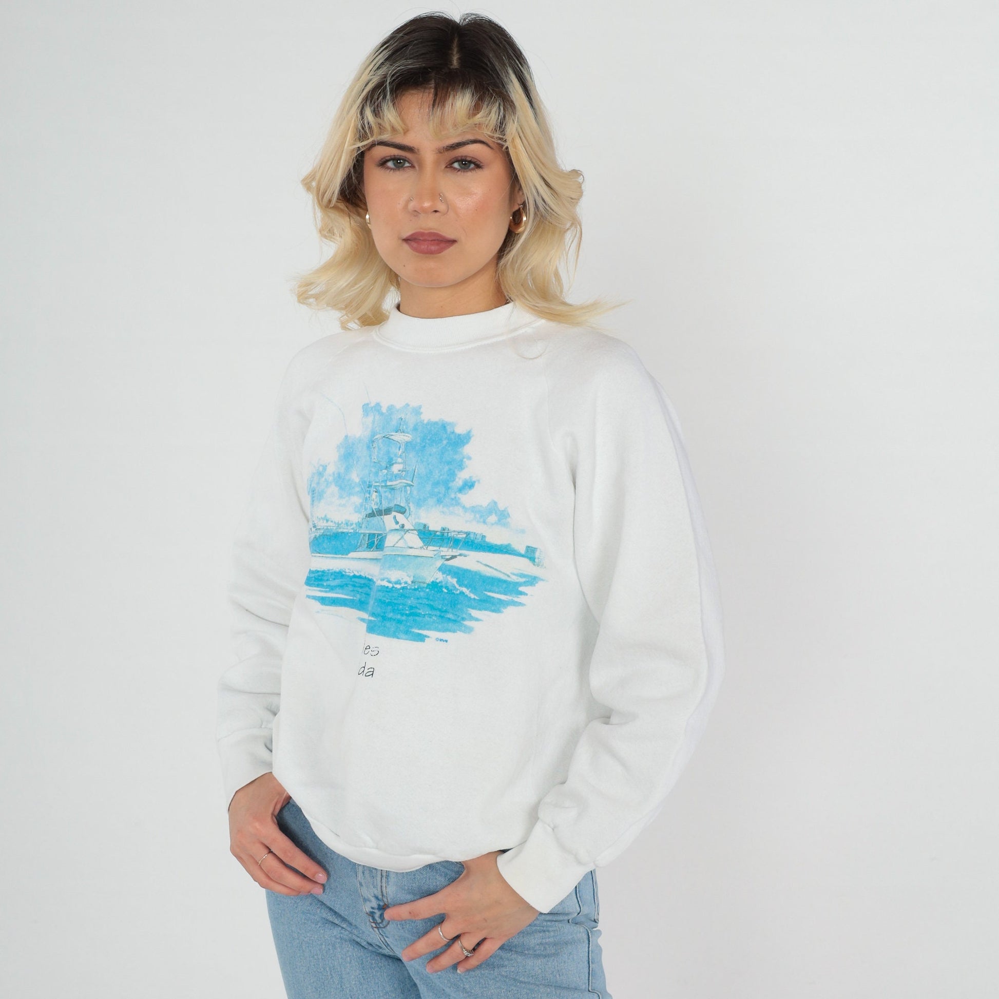 90s Naples Florida Boat Sweatshirt White Raglan Graphic Crewneck Medium Large