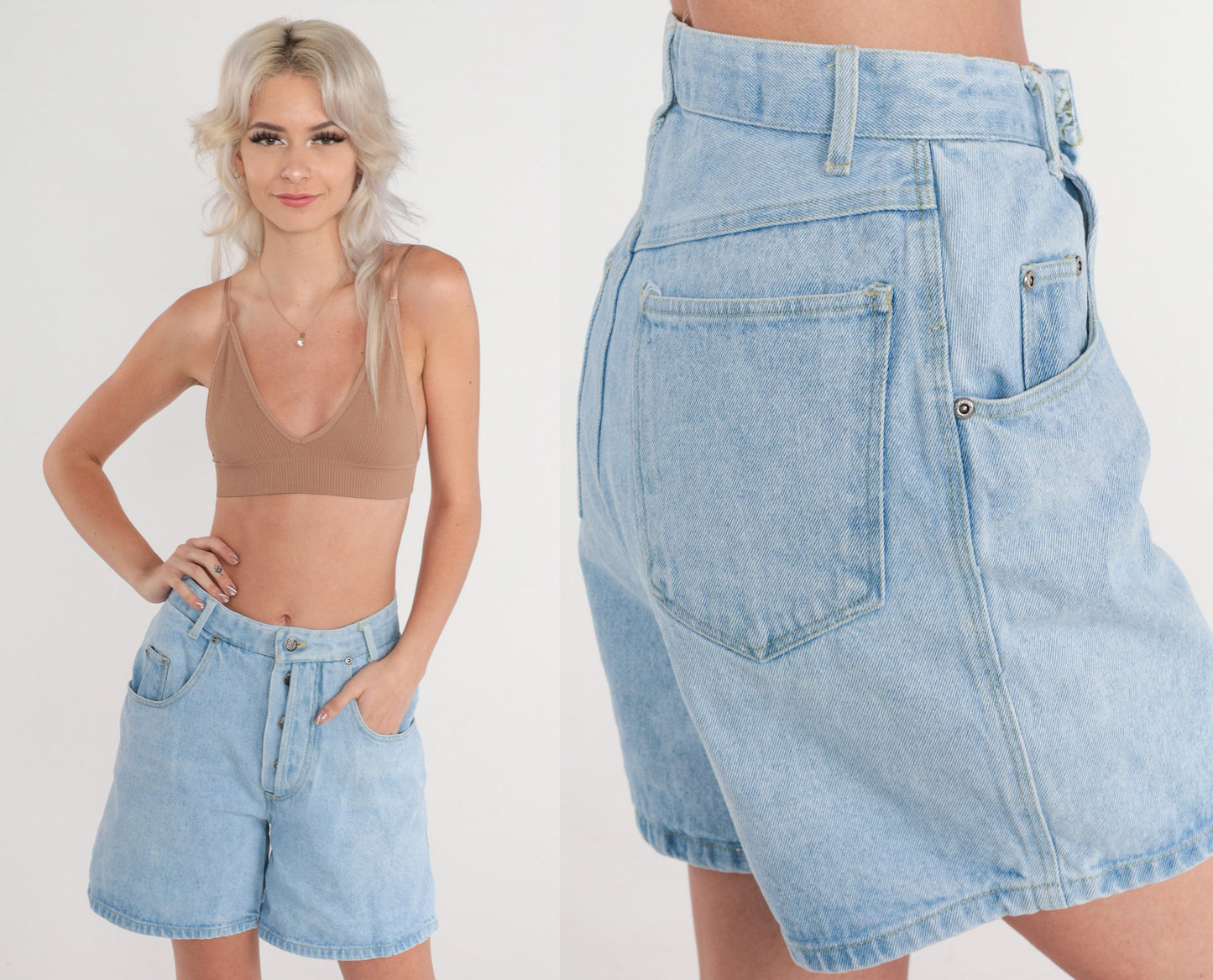 80s High-Waisted Denim Shorts Button Fly Light Wash Jean Shorts Small
