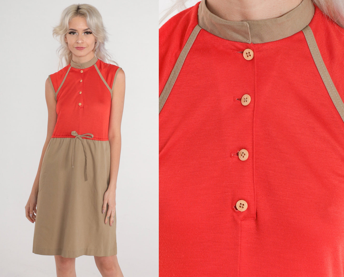 80s Red Tan Colorblock Mini Shirtdress Button-Up Bow Waist Extra Small