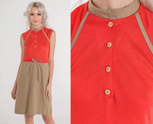 80s Red Tan Colorblock Mini Shirtdress Button-Up Bow Waist Extra Small