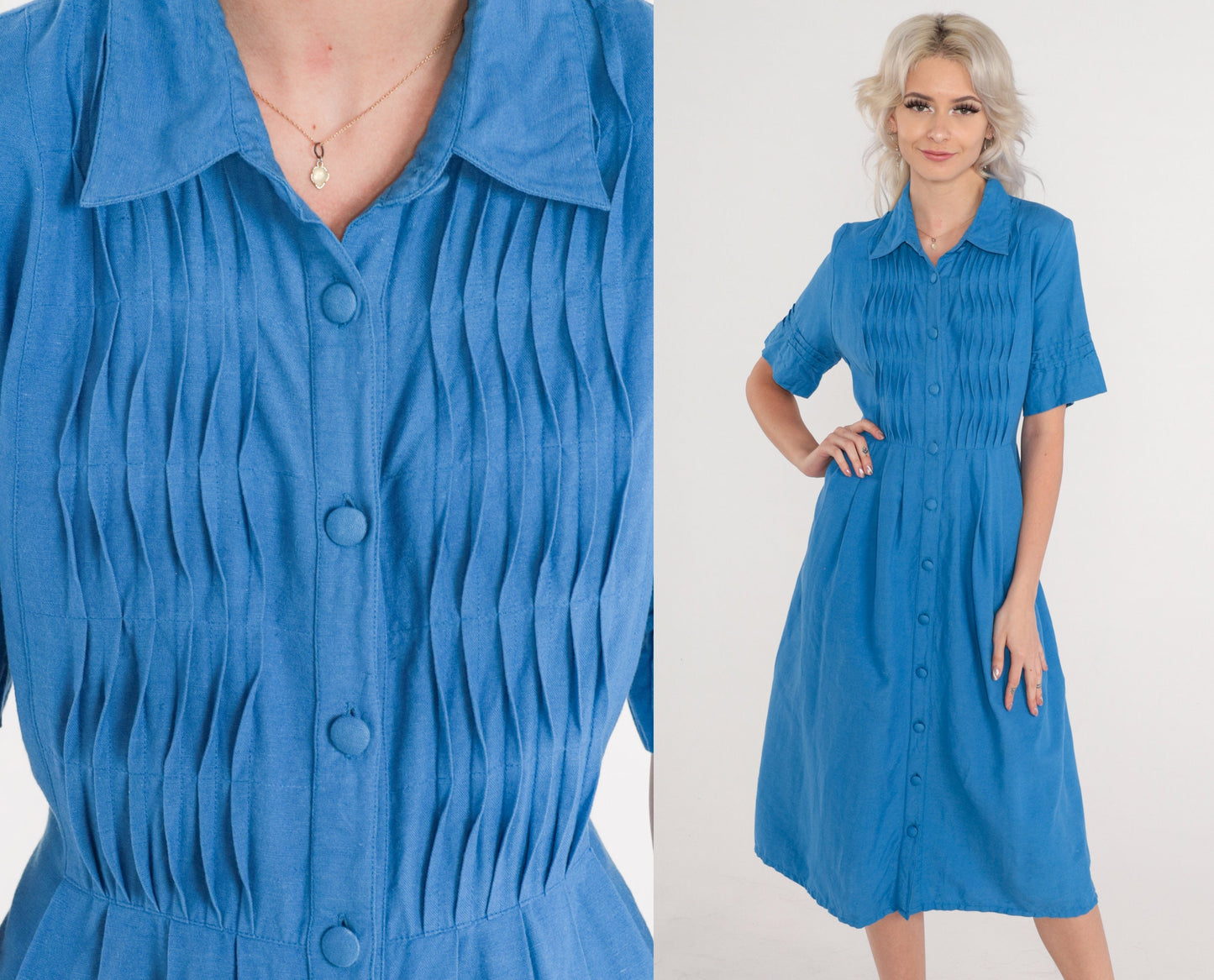 90s Coldwater Creek Blue Midi Shirtdress Pleated High Waisted Small S
