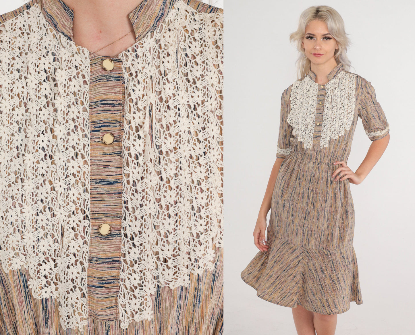 70s Crochet Bib Midi Dress Striped Earth Tone High Neck Puff Sleeve Small