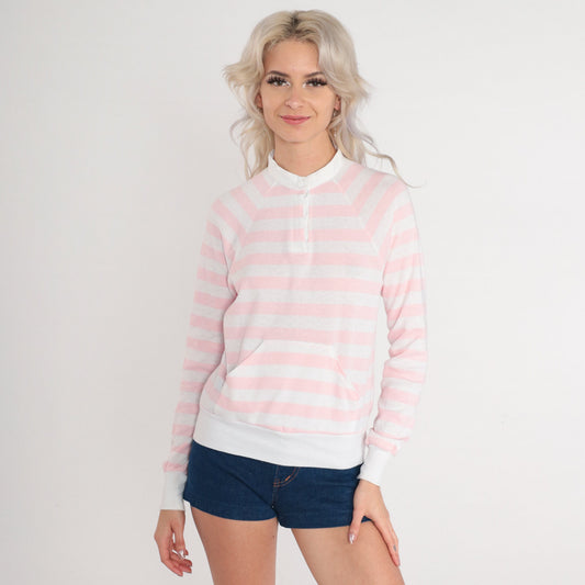 80s Pink White Striped Henley Sweatshirt Kangaroo Pocket Snap Pullover Extra Small
