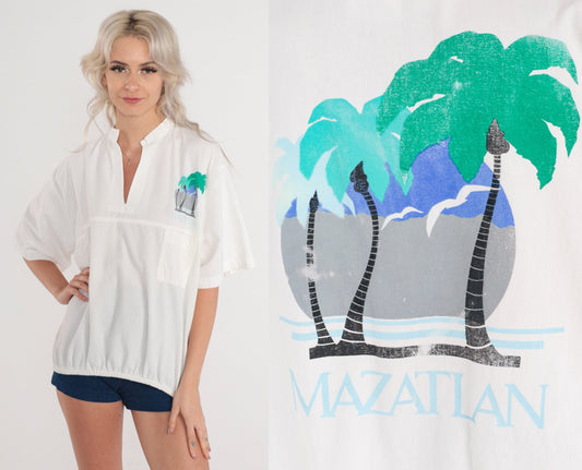 90s Mazatlan Mexico Palm Tree Graphic T-Shirt White V-Neck Cotton Tee Medium Large