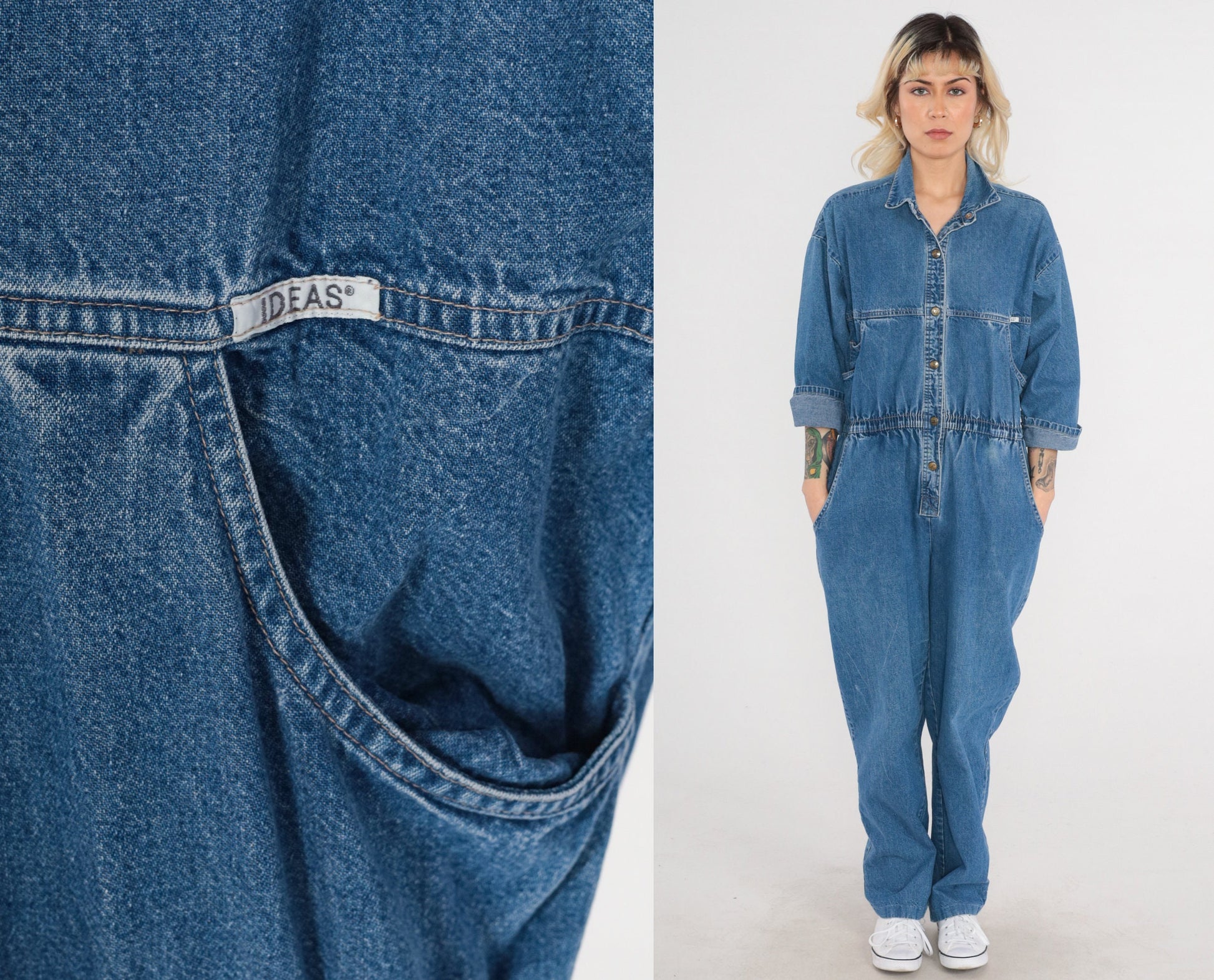 90s Ideas Denim Jumpsuit Blue Snap Chest 3/4 Sleeve Medium