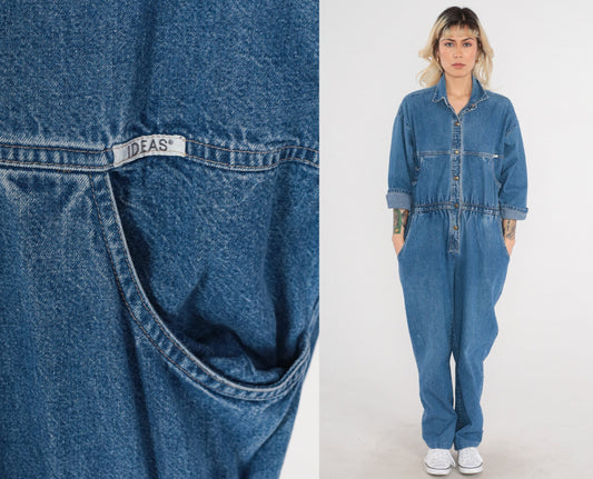 90s Ideas Denim Jumpsuit Blue Snap Chest 3/4 Sleeve Medium