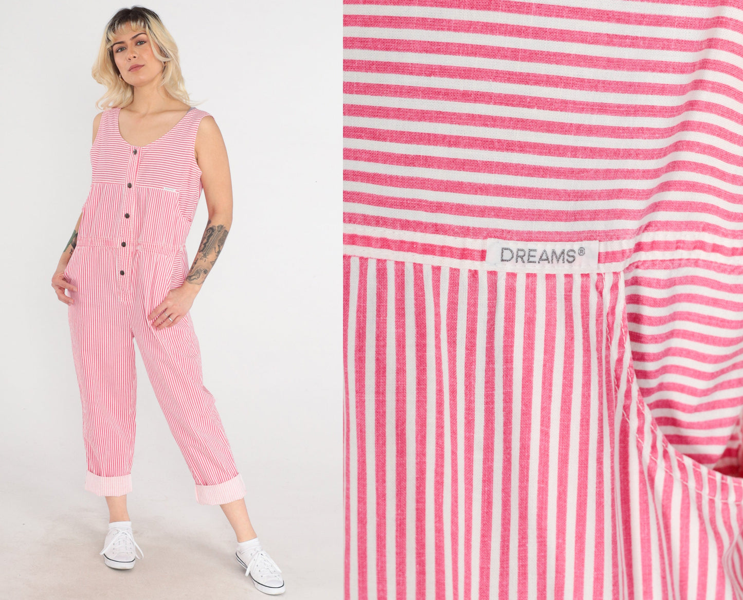 90s Dreams Striped Jumpsuit Pink White Snap Front Sleeveless Medium