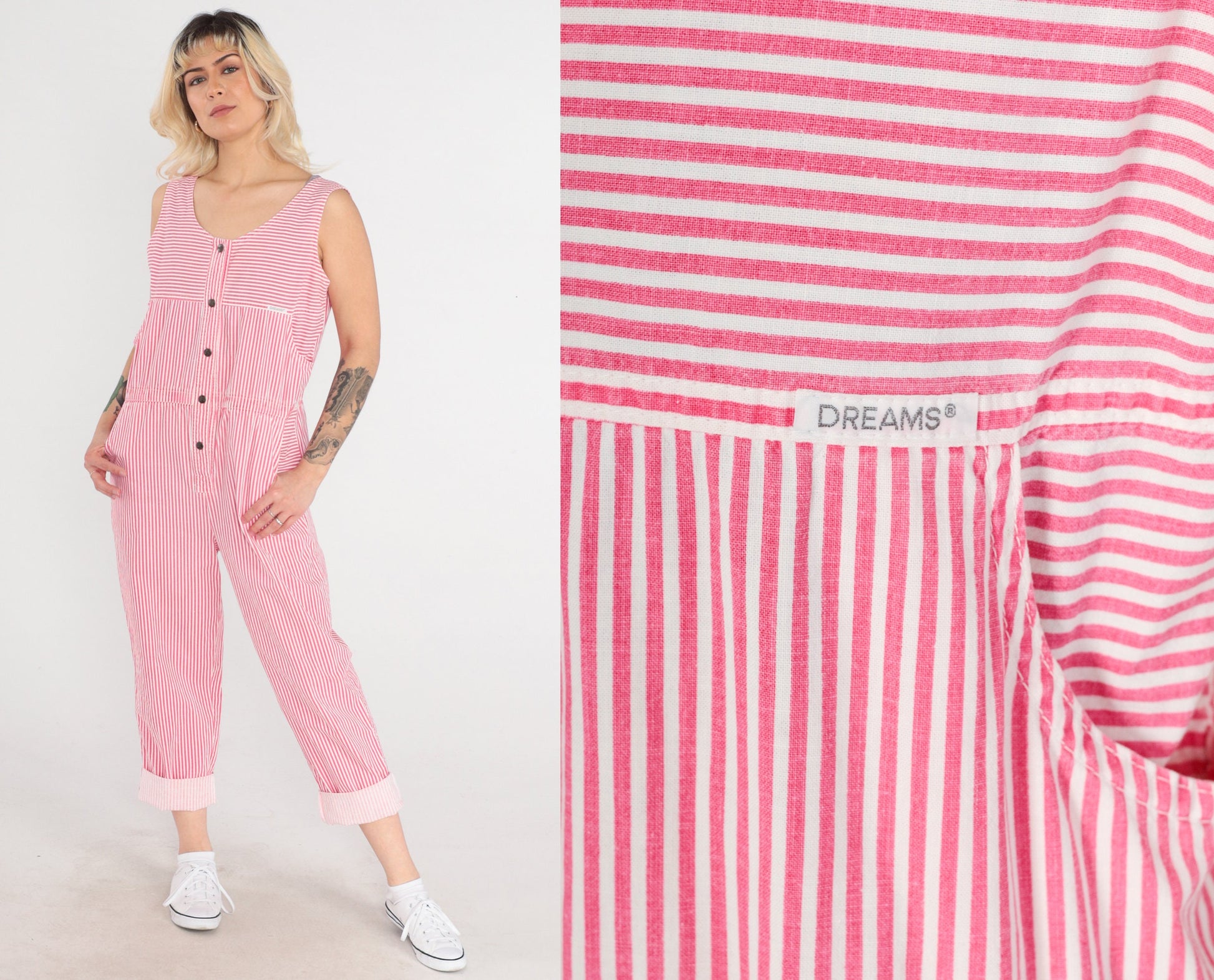 90s Dreams Striped Jumpsuit Pink White Snap Front Sleeveless Medium