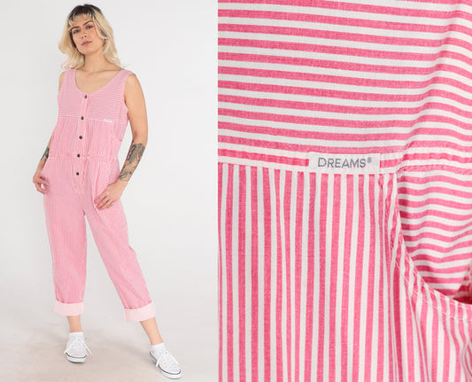 90s Dreams Striped Jumpsuit Pink White Snap Front Sleeveless Medium