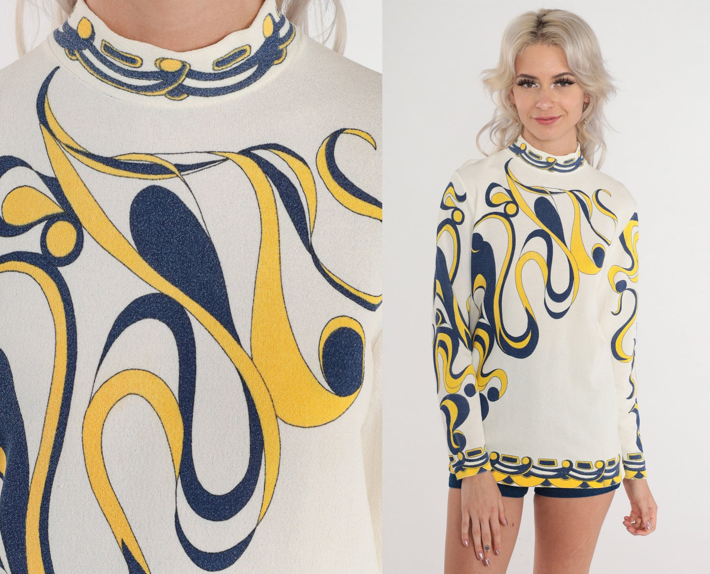 70s Psychedelic Swirl Print Mock Neck Blouse Long Sleeve White Small