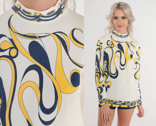 70s Psychedelic Swirl Print Mock Neck Blouse Long Sleeve White Small