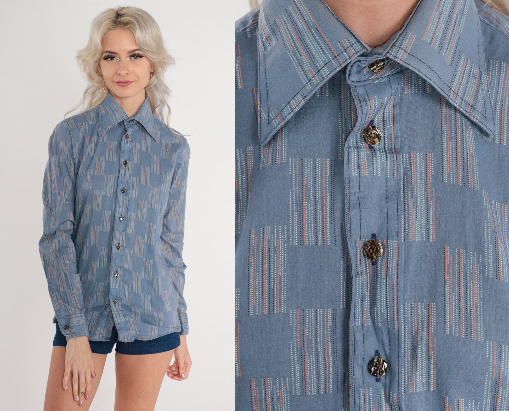 70s Saturdays in California Blue Checkered Button-Up Dagger Collar Shirt XS