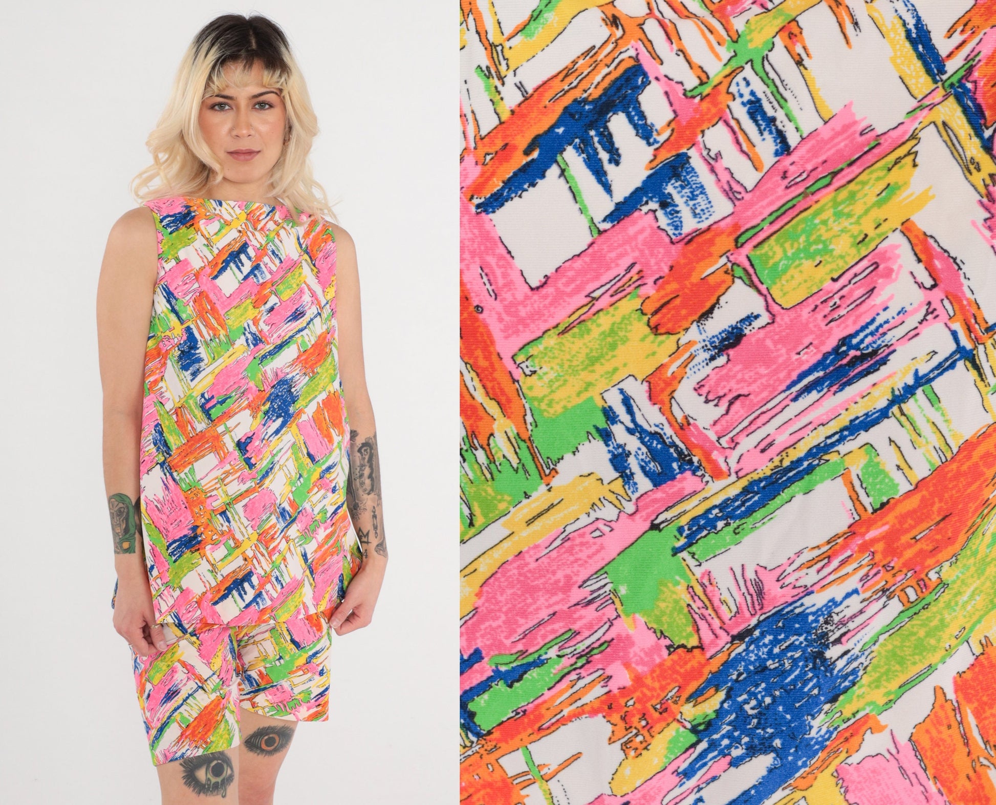 70s Abstract Print Tank Top & Shorts Two Piece Set Psychedelic Small