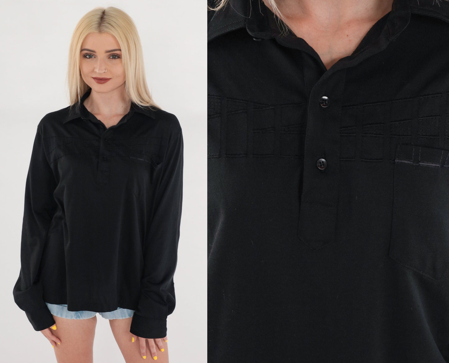 70s Black Polo Shirt Embroidered Square Chest Long Sleeve Collared Large L