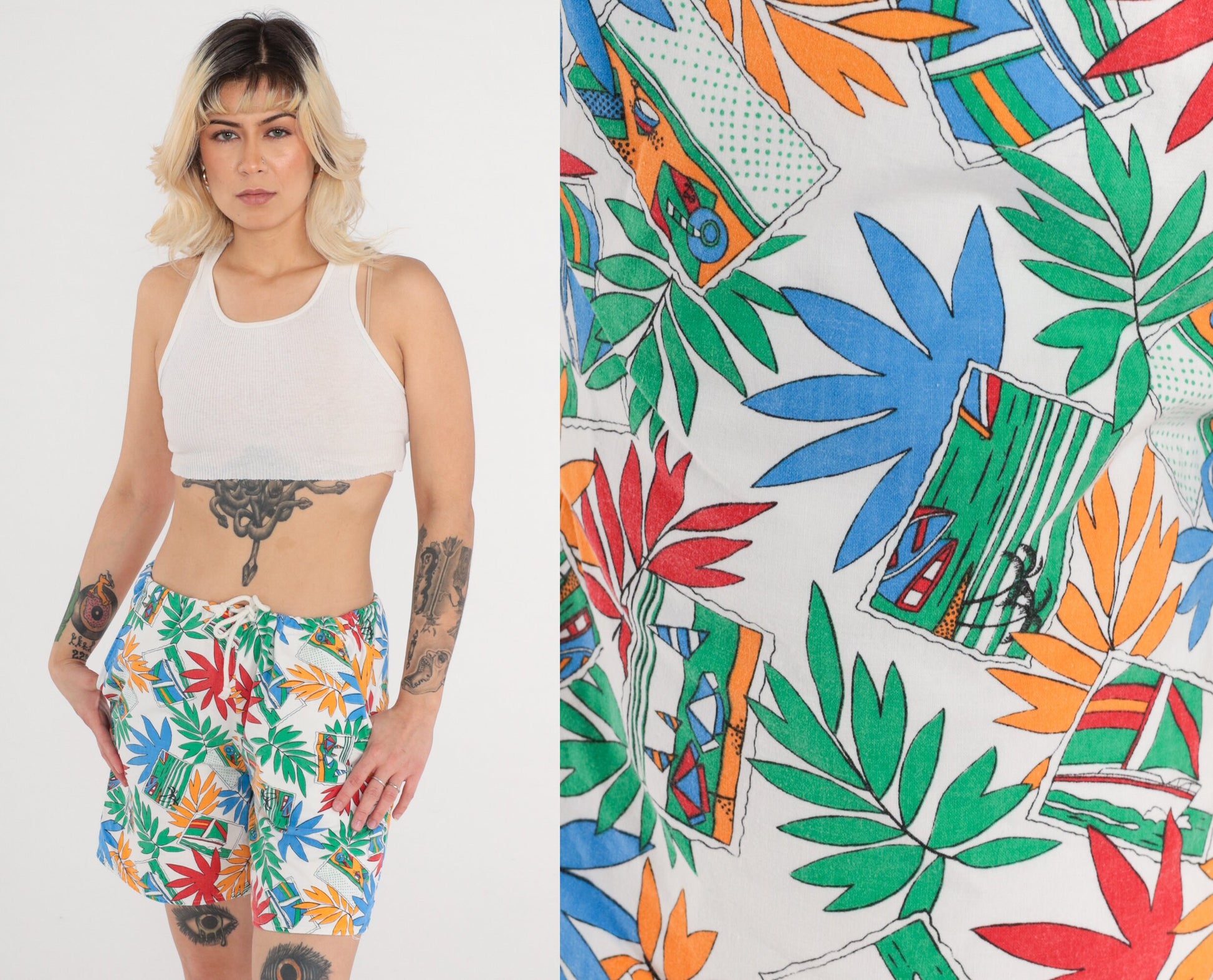 90s Tropical Leaf Boat Print Cotton Shorts High Waist Drawstring White Medium