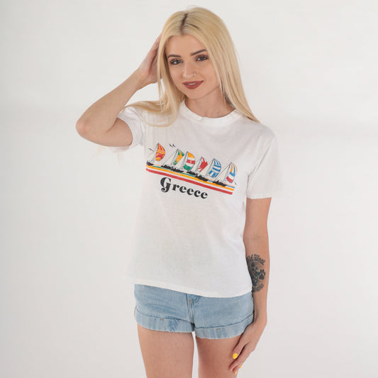 80s Greece Sailboat Graphic T-Shirt White Single Stitch Nautical Tee Extra Small