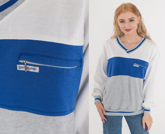 90s Pierre Cardin Color Block V-Neck Sweatshirt Blue Grey White Men's Large L