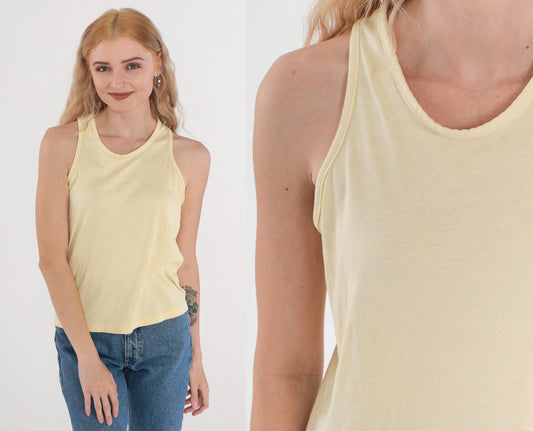80s Pale Yellow Racerback Tank Top Cotton Blend Single Stitch Small