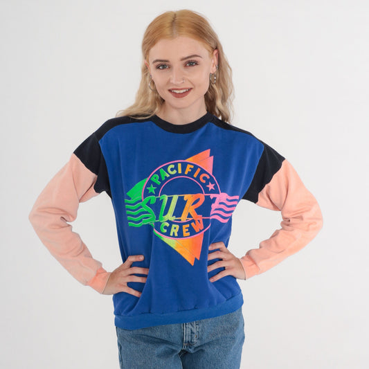 90s Pacific Crew Surf Graphic Sweatshirt Color Block Blue Peach Black Extra Small